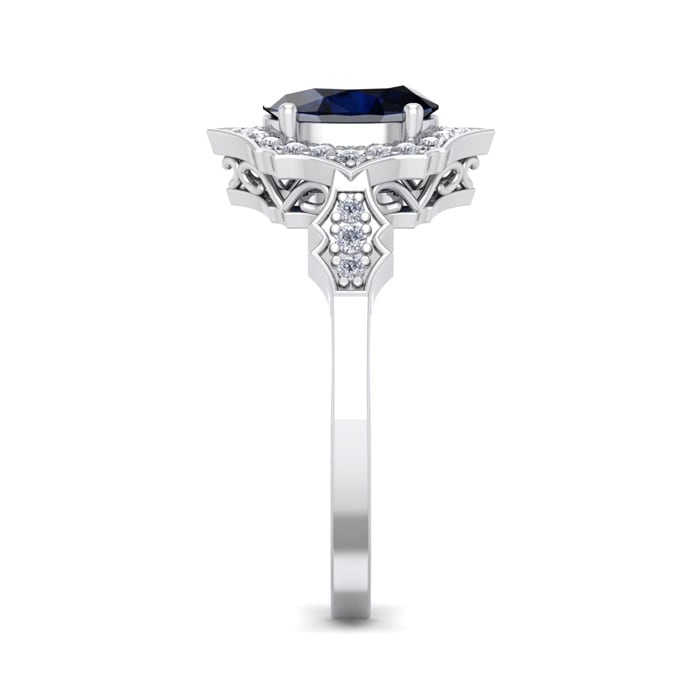 Sapphire Ring: 1 1/2 Carat Oval Shape Created Sapphire and Halo Diamond Ring In Sterling Silver