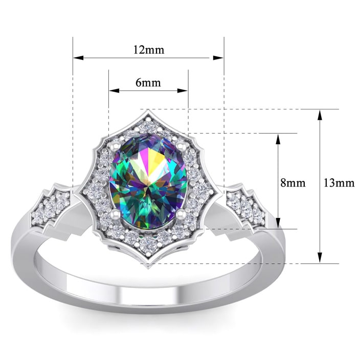 Mystic Topaz Ring: 1 1/2 Carat Oval Shape Mystic Topaz and Halo Diamond Ring In Sterling Silver