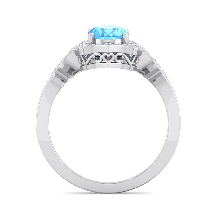 Blue Topaz Ring: 1 1/2 Carat Oval Shape Blue Topaz and Halo Diamond Ring In Sterling Silver