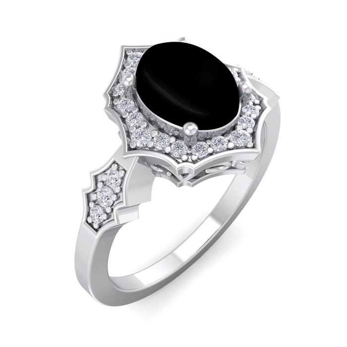 Black Onyx Ring: 1 1/2 Carat Oval Shape Black Onyx and Halo Diamond Ring In Sterling Silver