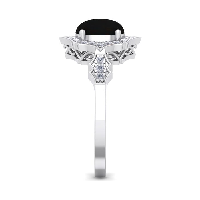 Black Onyx Ring: 1 1/2 Carat Oval Shape Black Onyx and Halo Diamond Ring In Sterling Silver