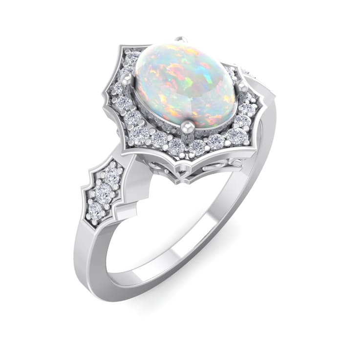 Opal Ring: 1 1/2 Carat Oval Shape Created Opal and Halo Diamond Ring In Sterling Silver