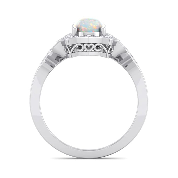 Opal Ring: 1 1/2 Carat Oval Shape Created Opal and Halo Diamond Ring In Sterling Silver