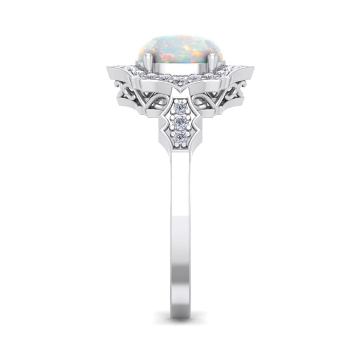 Opal Ring: 1 1/2 Carat Oval Shape Created Opal and Halo Diamond Ring In Sterling Silver