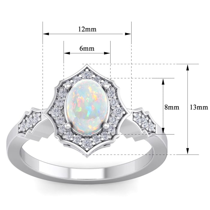 Opal Ring: 1 1/2 Carat Oval Shape Created Opal and Halo Diamond Ring In Sterling Silver