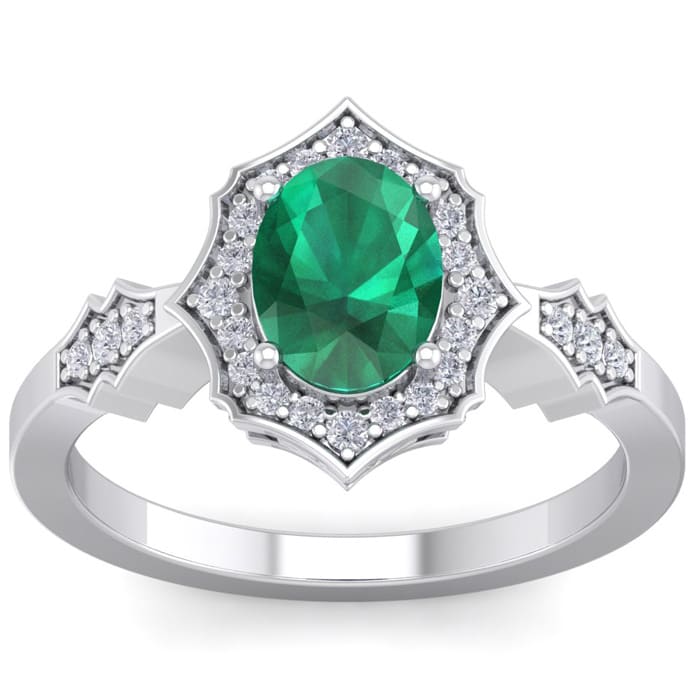 Emerald Ring: 1 1/2 Carat Oval Shape Created Emerald and Halo Diamond Ring In Sterling Silver