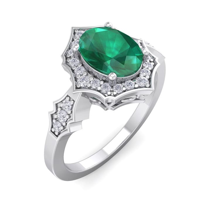 Emerald Ring: 1 1/2 Carat Oval Shape Created Emerald and Halo Diamond Ring In Sterling Silver