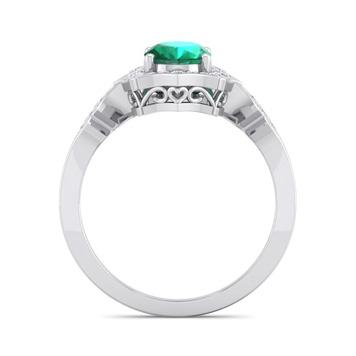 Emerald Ring: 1 1/2 Carat Oval Shape Created Emerald and Halo Diamond Ring In Sterling Silver