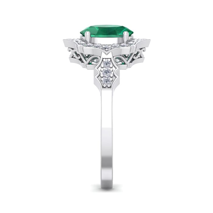 Emerald Ring: 1 1/2 Carat Oval Shape Created Emerald and Halo Diamond Ring In Sterling Silver