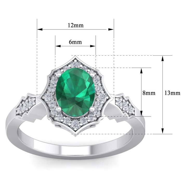 Emerald Ring: 1 1/2 Carat Oval Shape Created Emerald and Halo Diamond Ring In Sterling Silver