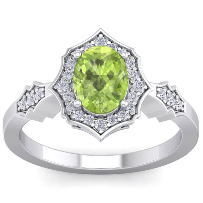 Peridot Ring: 1 1/2 Carat Oval Shape Peridot and Halo Diamond Ring In Sterling Silver