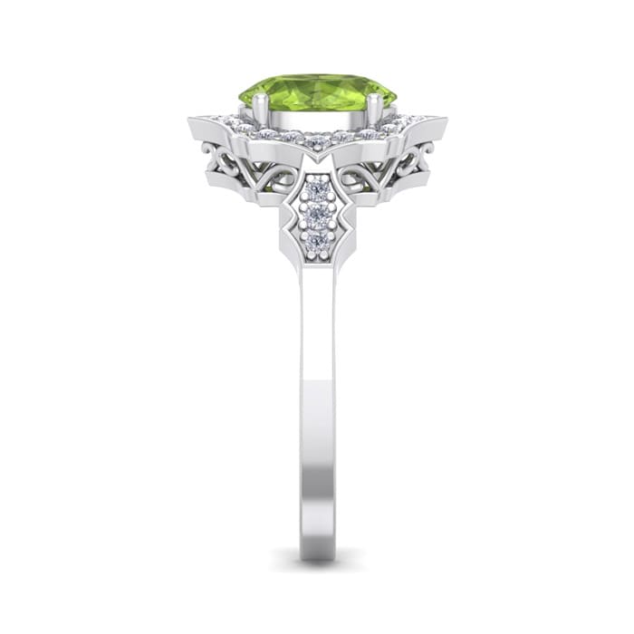 Peridot Ring: 1 1/2 Carat Oval Shape Peridot and Halo Diamond Ring In Sterling Silver