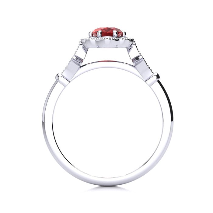 Ruby Ring: 1 Carat Oval Shape Created Ruby and Halo Diamond Ring In Sterling Silver
