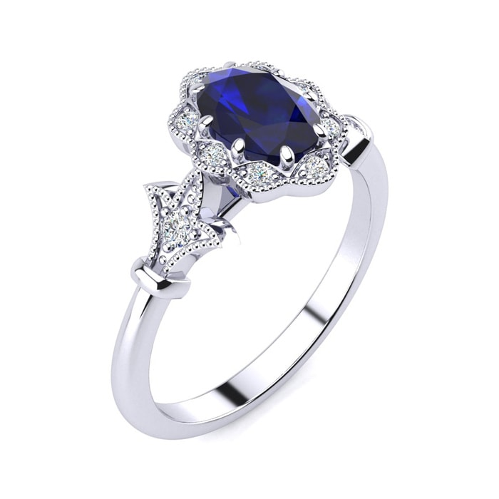 Sapphire Ring: 1 Carat Oval Shape Created Sapphire and Halo Diamond Ring In Sterling Silver