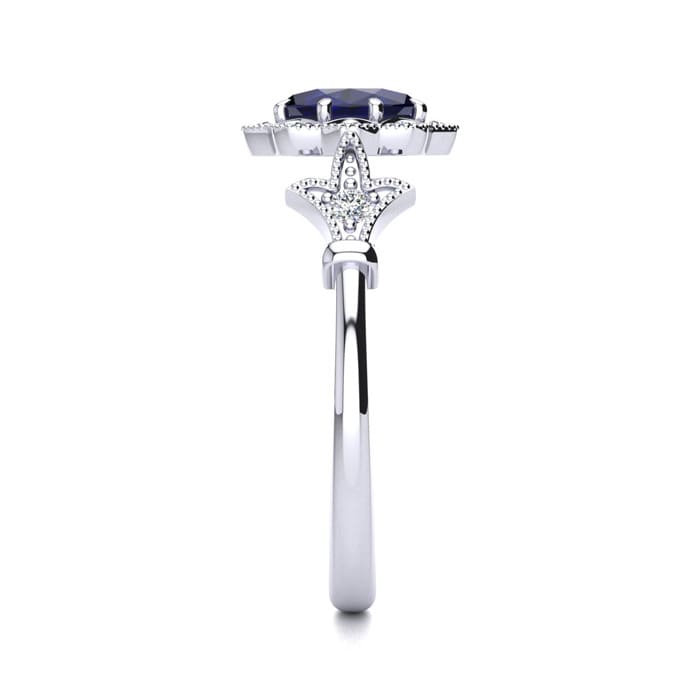 Sapphire Ring: 1 Carat Oval Shape Created Sapphire and Halo Diamond Ring In Sterling Silver