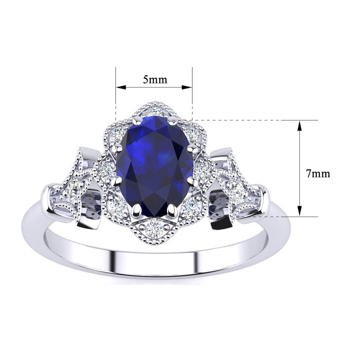 Sapphire Ring: 1 Carat Oval Shape Created Sapphire and Halo Diamond Ring In Sterling Silver