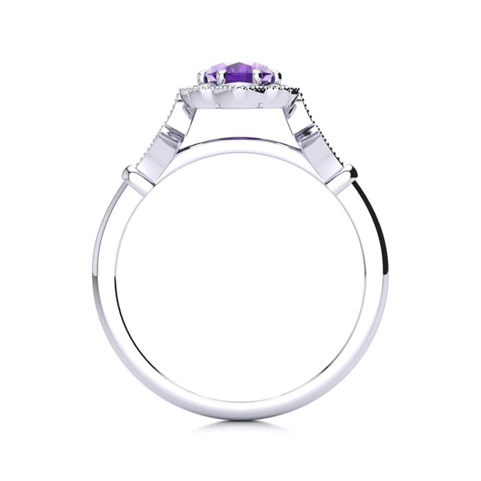 Amethyst Ring: 1 Carat Oval Shape Amethyst and Halo Diamond Ring In Sterling Silver