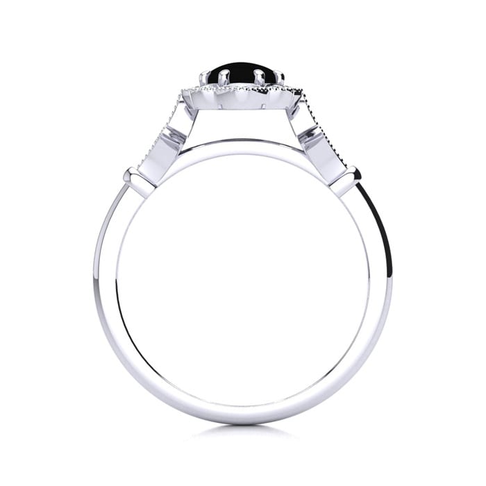 Black Onyx Ring: 1 Carat Oval Shape Black Onyx and Halo Diamond Ring In Sterling Silver