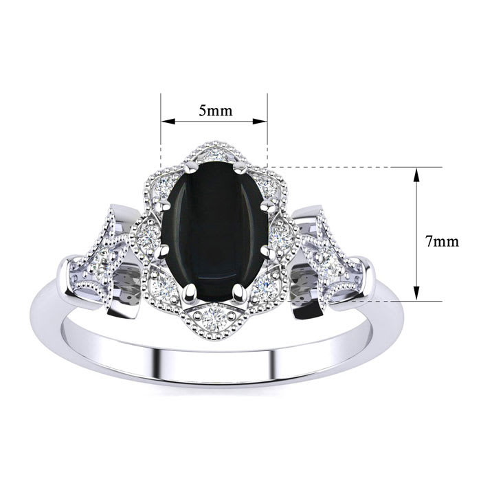 Black Onyx Ring: 1 Carat Oval Shape Black Onyx and Halo Diamond Ring In Sterling Silver
