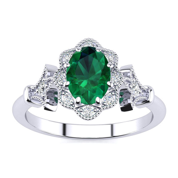 Emerald Ring: 1 Carat Oval Shape Created Emerald and Halo Diamond Ring In Sterling Silver
