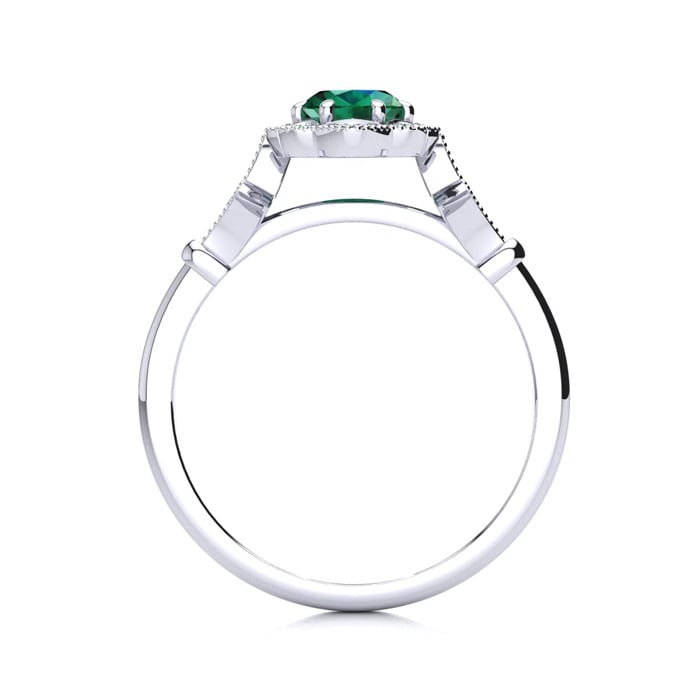 Emerald Ring: 1 Carat Oval Shape Created Emerald and Halo Diamond Ring In Sterling Silver