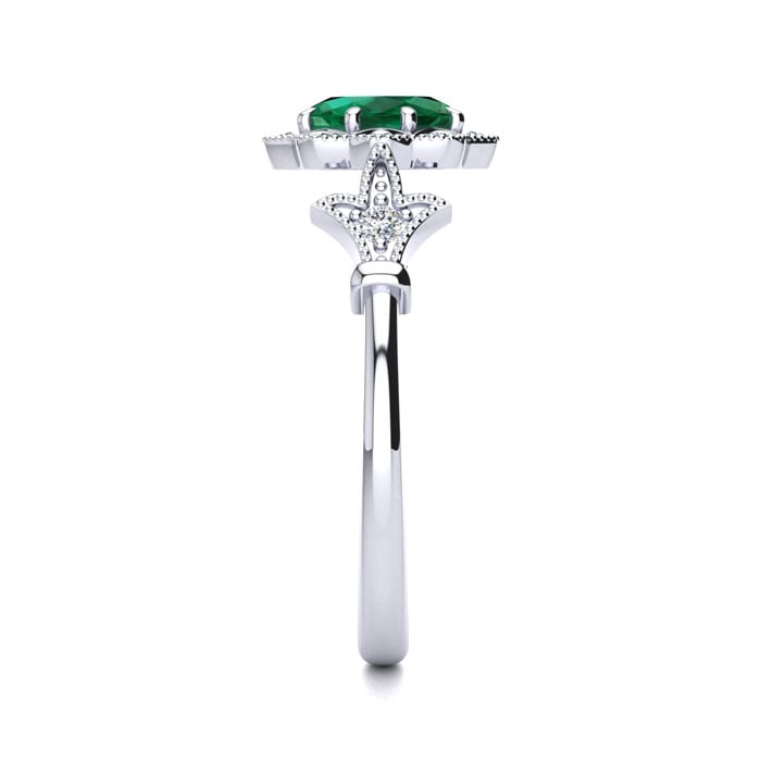 Emerald Ring: 1 Carat Oval Shape Created Emerald and Halo Diamond Ring In Sterling Silver