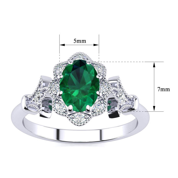 Emerald Ring: 1 Carat Oval Shape Created Emerald and Halo Diamond Ring In Sterling Silver