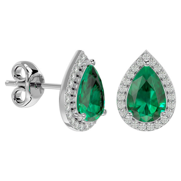 3 Carat Pear Shape Emerald and Halo Diamond Earrings In Sterling Silver