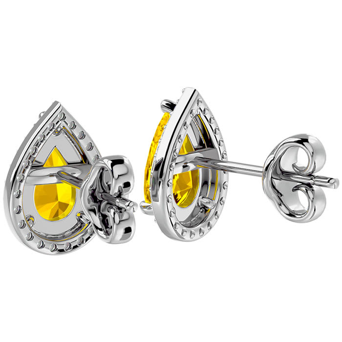 3 Carat Pear Shape Citrine and Halo Diamond Earrings In Sterling Silver