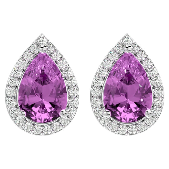 3 Carat Pear Shape Pink Sapphire and Halo Diamond Earrings In Sterling Silver