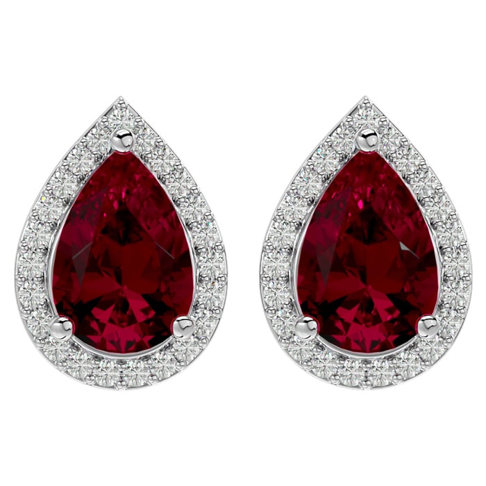 3 Carat Pear Shape Ruby and Halo Diamond Earrings In Sterling Silver