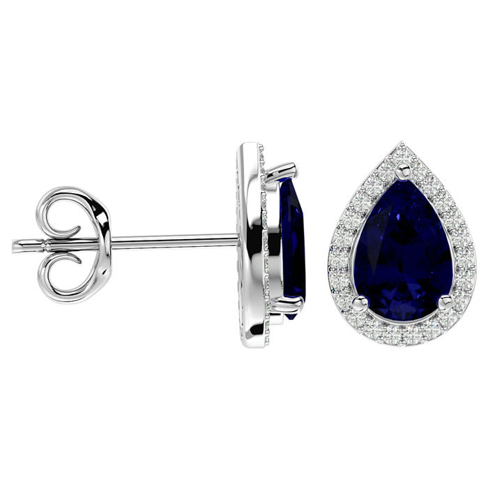 3 Carat Pear Shape Sapphire and Halo Diamond Earrings In Sterling Silver
