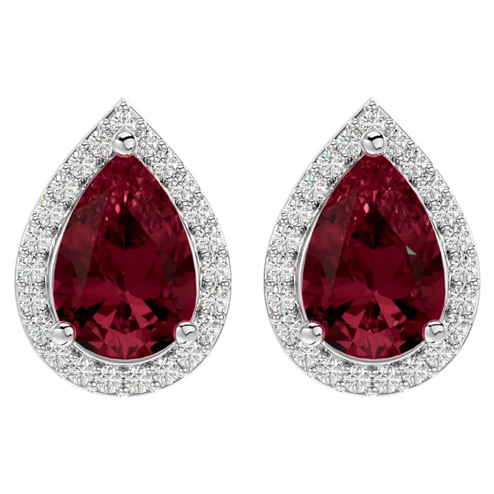3 Carat Pear Shape Garnet and Halo Diamond Earrings In Sterling Silver