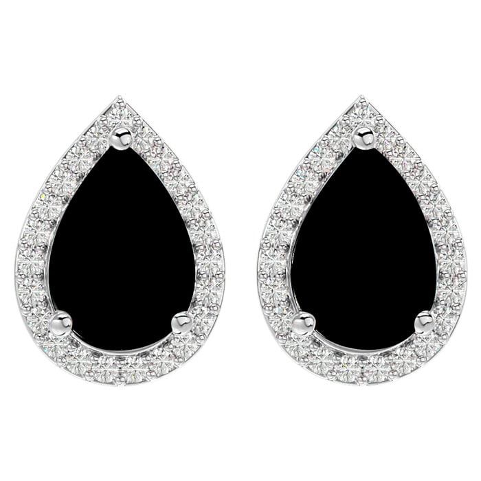 3 Carat Pear Shape Black Onyx and Halo Diamond Earrings In Sterling Silver