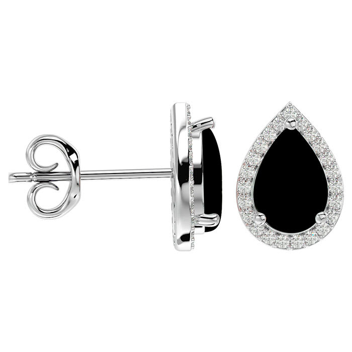 3 Carat Pear Shape Black Onyx and Halo Diamond Earrings In Sterling Silver