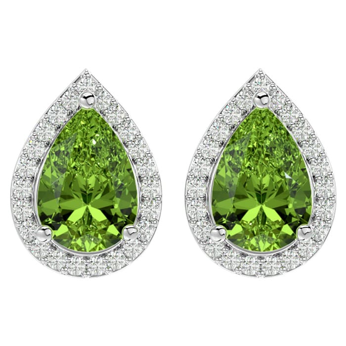 3 Carat Pear Shape Peridot and Halo Diamond Earrings In Sterling Silver