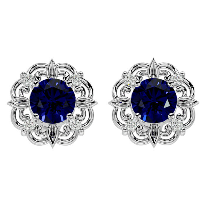2 Carat Sapphire and Diamond Antique Stud Earrings In Sterling Silver