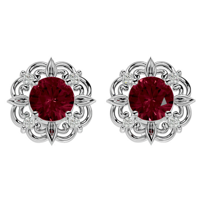 2 Carat Garnet and Diamond Antique Stud Earrings In Sterling Silver