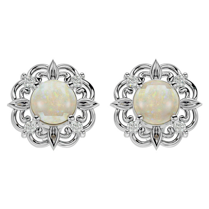 2 Carat Opal and Diamond Antique Stud Earrings In Sterling Silver