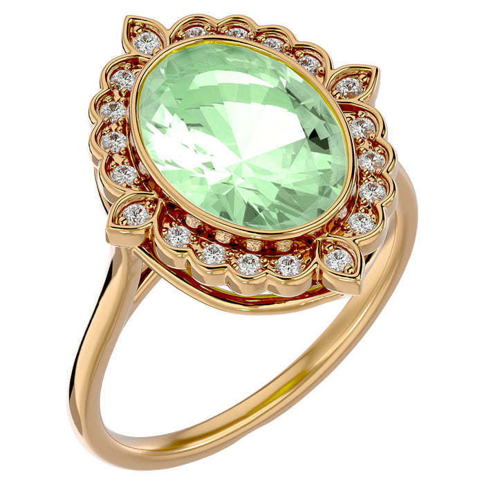 1 1/4 Carat Oval Shape Green Amethyst and Halo Diamond Ring In 14 Karat Yellow Gold