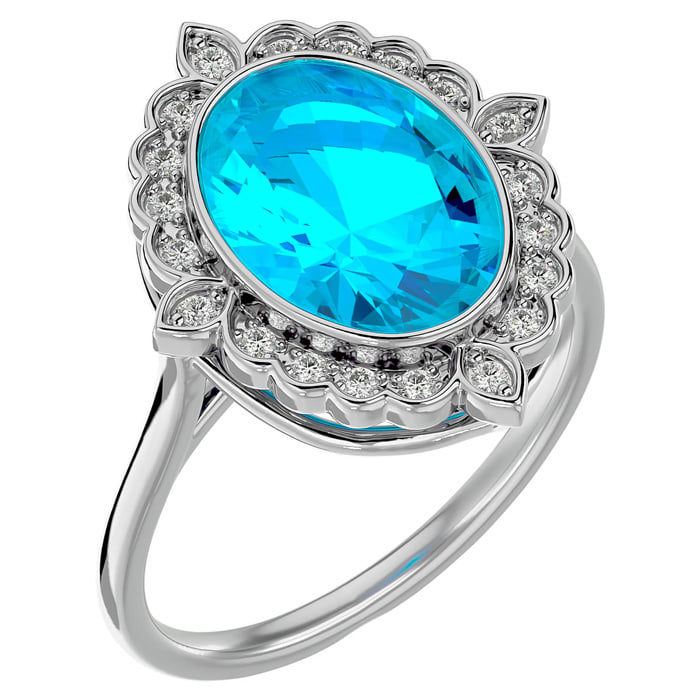 1 3/4 Carat Oval Shape Blue Topaz and Halo Diamond Ring In 14 Karat White Gold