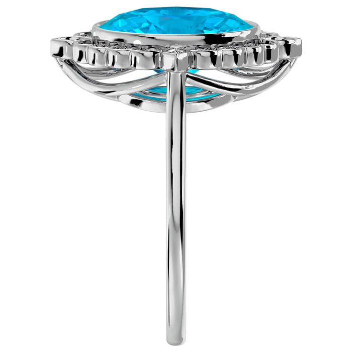 1 3/4 Carat Oval Shape Blue Topaz and Halo Diamond Ring In 14 Karat White Gold