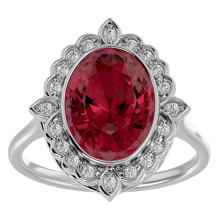 Garnet Ring: Garnet Jewelry: 1 3/4 Carat Oval Shape Garnet and Halo Diamond Ring In 14 Karat White Gold