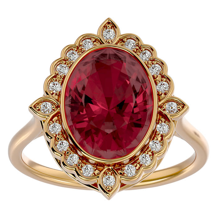 Garnet Ring: Garnet Jewelry: 1 3/4 Carat Oval Shape Garnet and Halo Diamond Ring In 14 Karat Yellow Gold