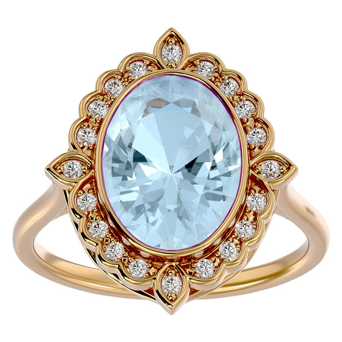Aquamarine Ring: Aquamarine Jewelry: 1 1/3 Carat Oval Shape Aquamarine and Halo Diamond Ring In 14 Karat Yellow Gold