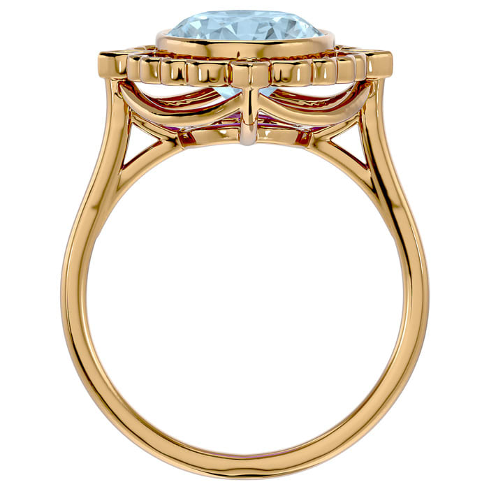 Aquamarine Ring: Aquamarine Jewelry: 1 1/3 Carat Oval Shape Aquamarine and Halo Diamond Ring In 14 Karat Yellow Gold