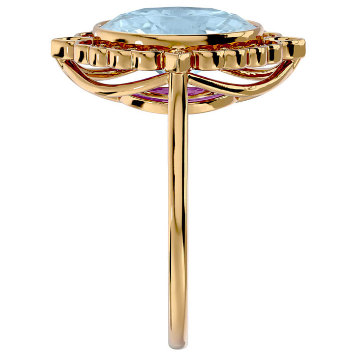 Aquamarine Ring: Aquamarine Jewelry: 1 1/3 Carat Oval Shape Aquamarine and Halo Diamond Ring In 14 Karat Yellow Gold