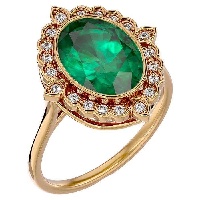 1 1/3 Carat Oval Shape Emerald and Halo Diamond Ring In 14 Karat Yellow Gold