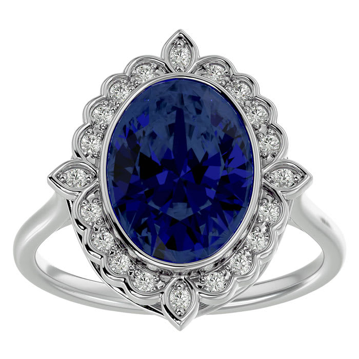 1 3/4 Carat Oval Shape Sapphire and Halo Diamond Ring In 14 Karat White Gold