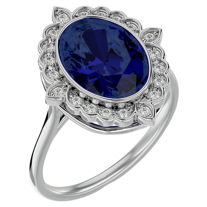 1 3/4 Carat Oval Shape Sapphire and Halo Diamond Ring In 14 Karat White Gold